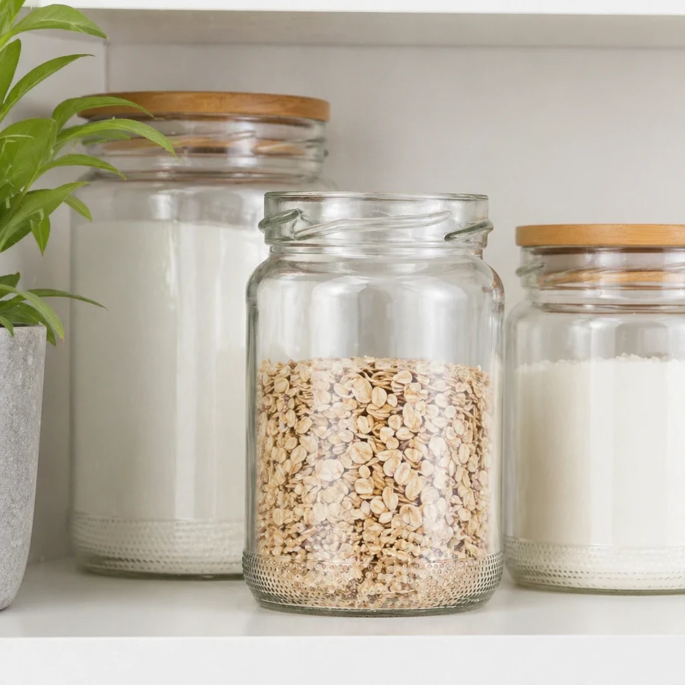 Rundglas 110ml mit Bambusdeckel gefüllt mit Haferflocken neben anderen Vorratsgläsern in moderner Küche