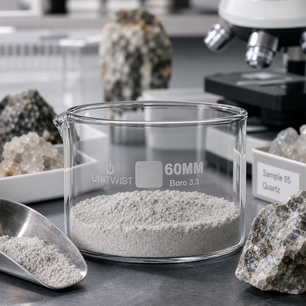 Kristallisierschale 60mm Borosilikatglas Boro 3.3 UNiTWIST mit Mineralpulver im Labor
