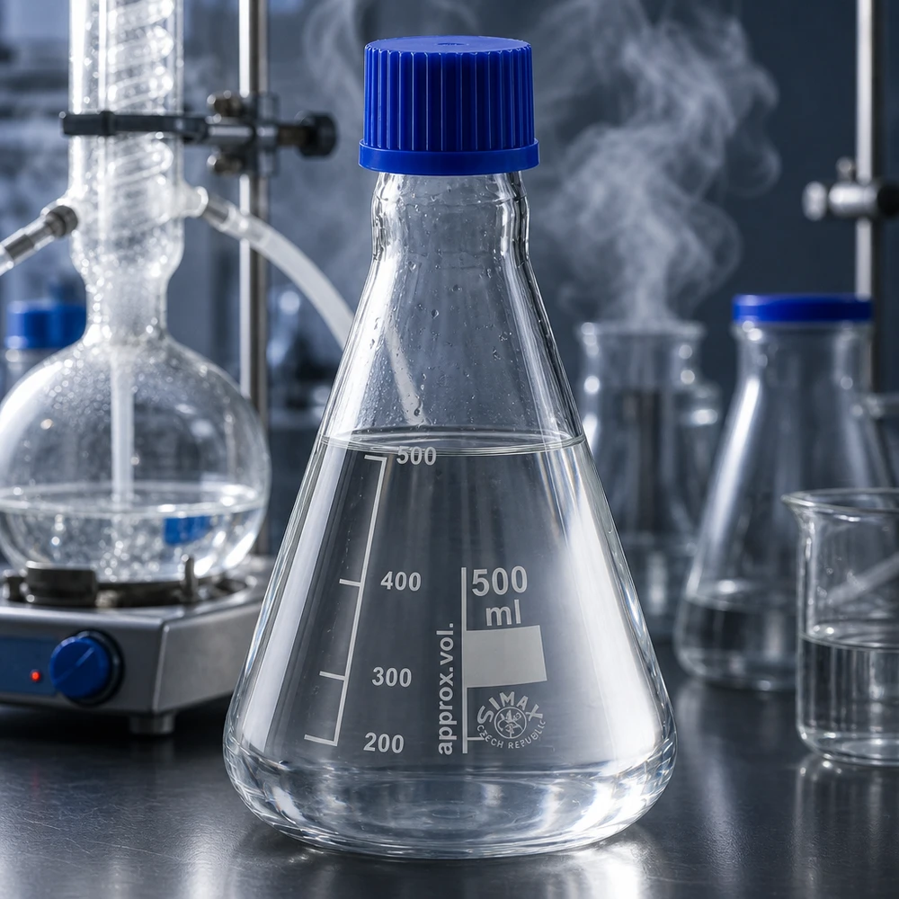 Erlenmeyerkolben 500ml Borosilikatglas mit blauer Schraubkappe für professionelle Laboranwendungen