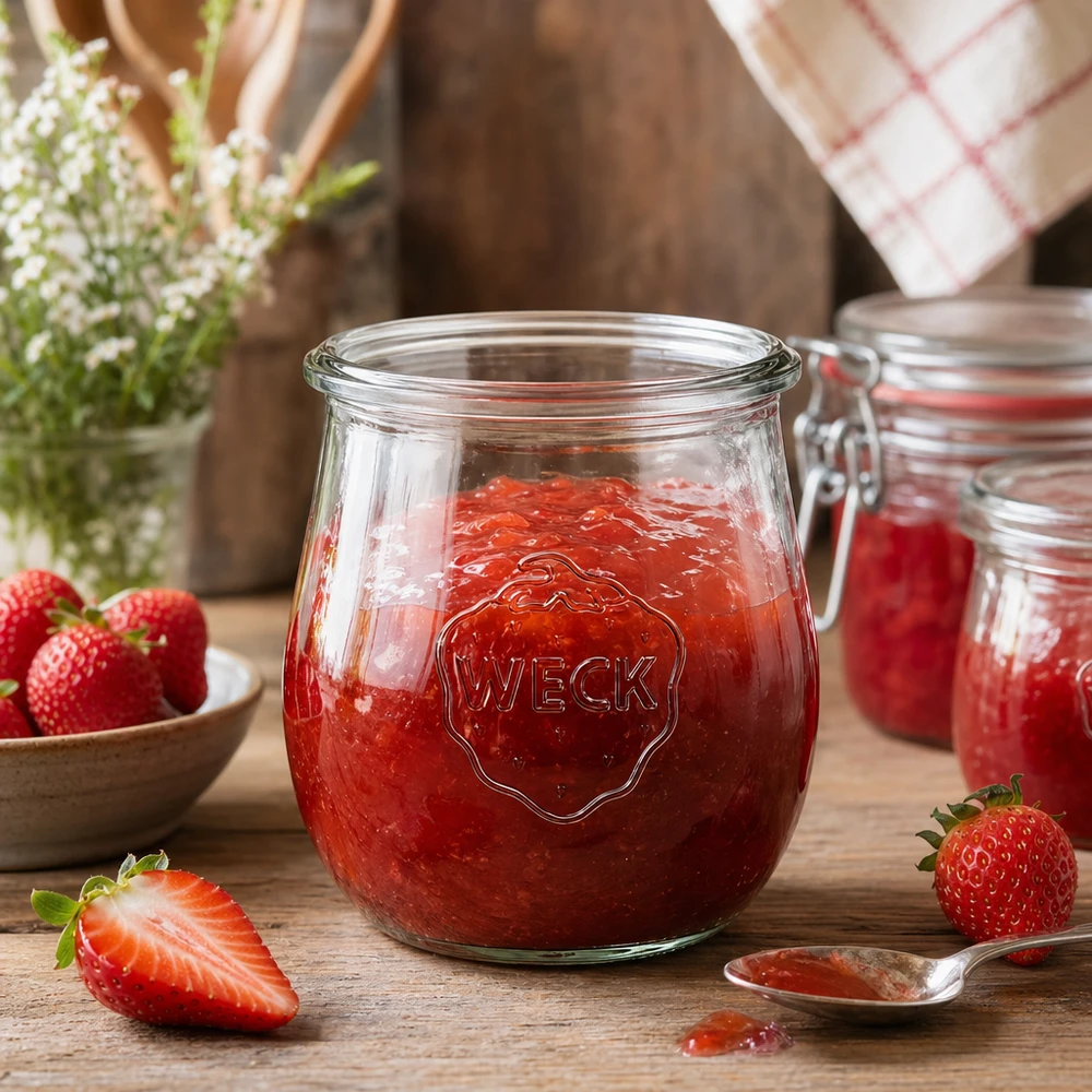 WECK Tulpenglas 220ml RR60 gefüllt mit roter Erdbeermarmelade auf rustikalem Holztisch mit frischen Erdbeeren