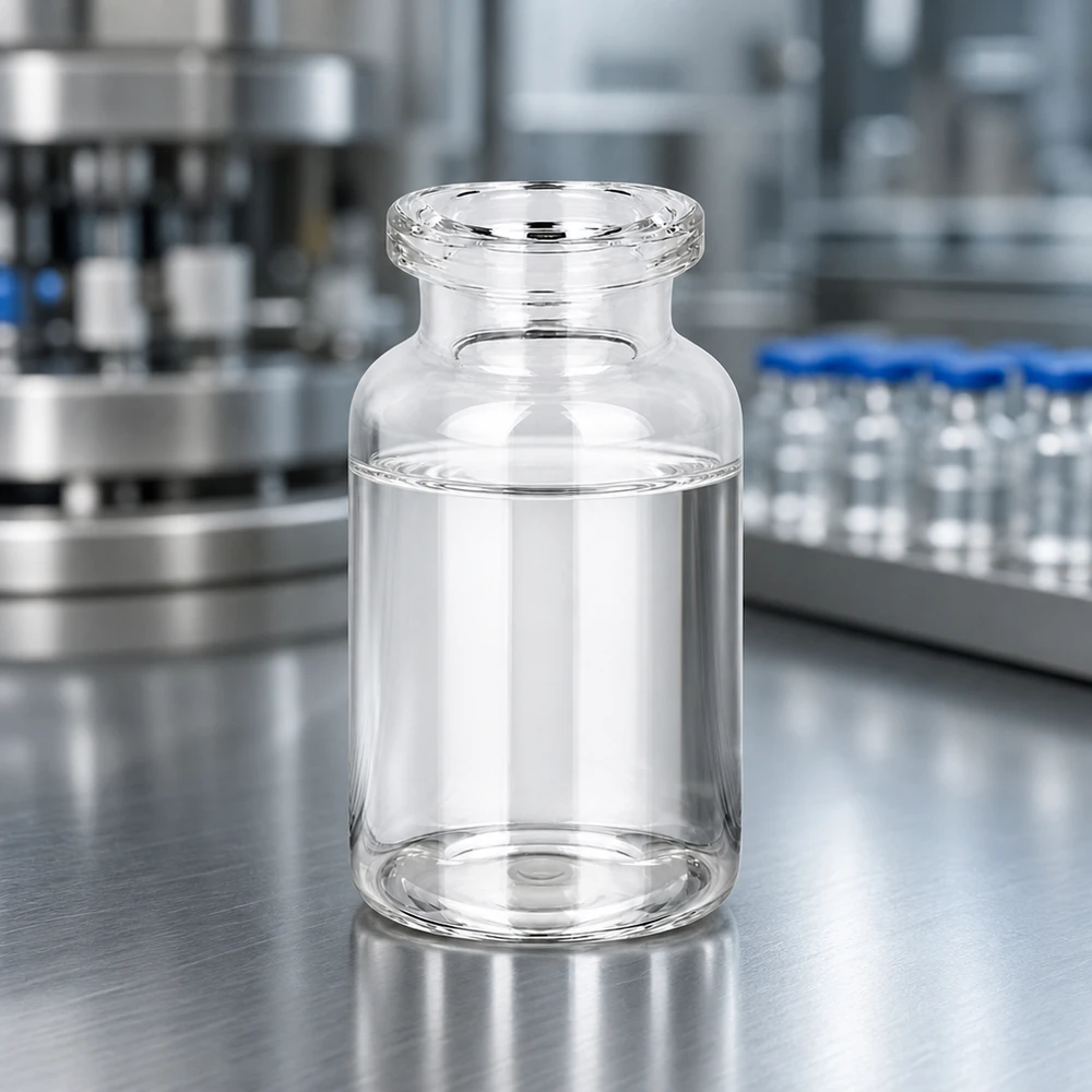 Injektionsflasche Klarglas 10ml Injektionsflasche Klarglas 10ml für pharmazeutischen Einsatz auf Edelstahloberfläche im Labor