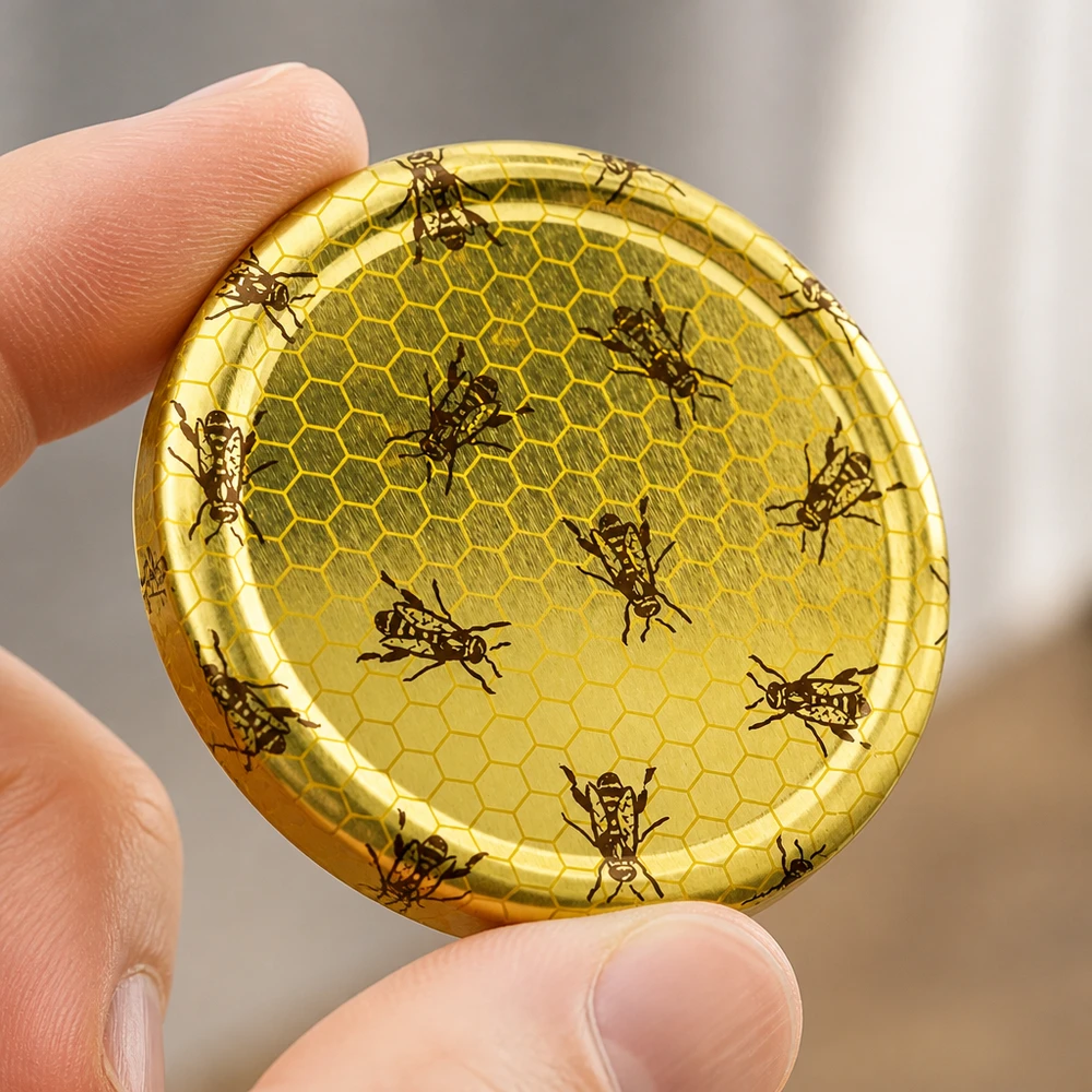 82mm BasicSeal TO82 Einmachdeckel gold Bienenwabe-Motiv aus Weißblech für gewerbliche Lebensmittelabfüllung