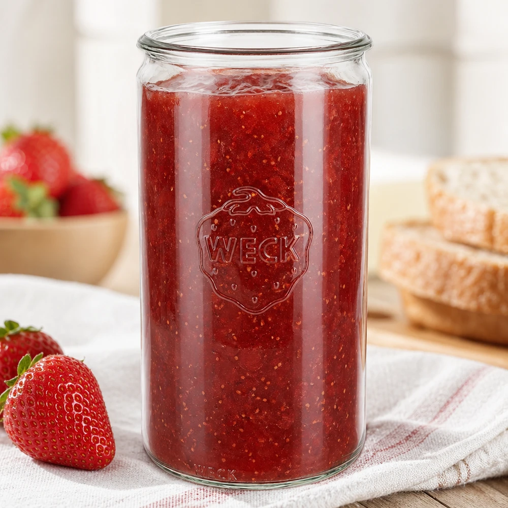 1590ml Zylinderglas WECK RR100 WECK RR100 Zylinderglas 1590ml mit Erdbeermarmelade gefüllt zeigt professionelle Konservierungsqualität für Gastronomieb