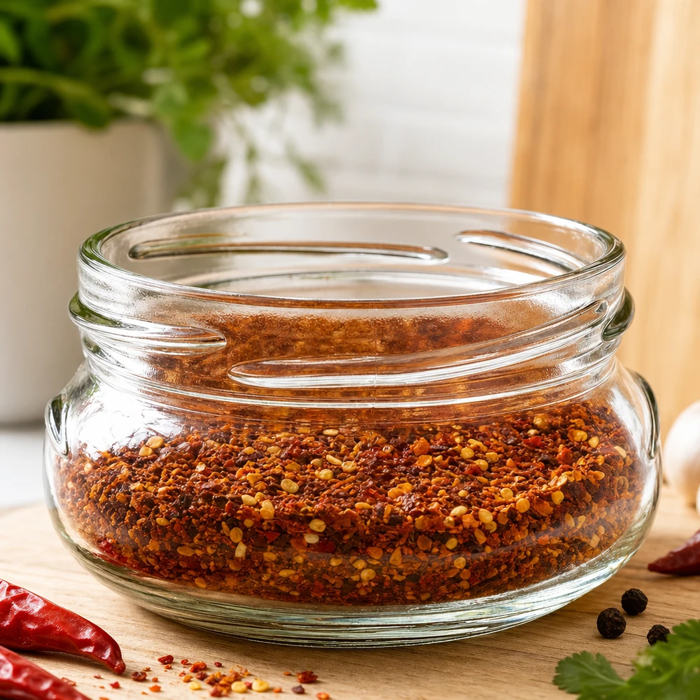 UNiTWIST Terrina120 Terrinenglas 120ml TO70 mit Chili-Gewürzmischung auf Holzbrett in Küche