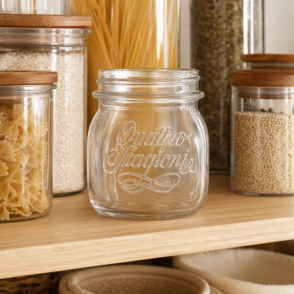 250ml Rundglas "Quattro Stagioni" QS70mm 250ml Quattro Stagioni Haushaltsglas leer auf Holzregal zwischen gefüllten Vorratsgläsern mit Pasta und Getreide