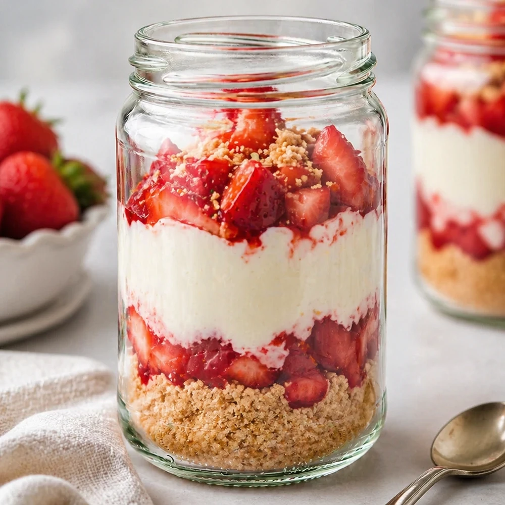 Rundglas 305ml mit Erdbeerdessert gefüllt zeigt UNiTWIST Runda305 TO63 Einmachglas für Schichtdesserts und Joghurt