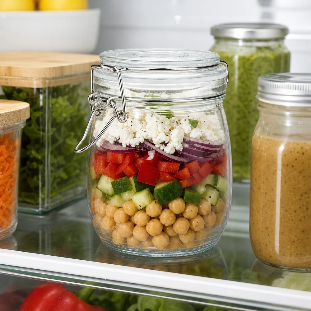750ml Vorratsglas mit Bügelverschluss für professionelle Lebensmittellagerung im Kühlschrank gefüllt mit Salat