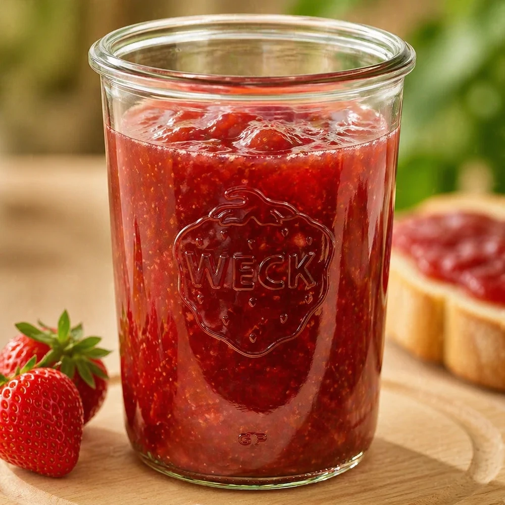 850ml Sturzglas WECK RR100 850ml WECK Sturzglas RR100 mit Erdbeermarmelade befüllt für professionelle Konservierung im Großhandel