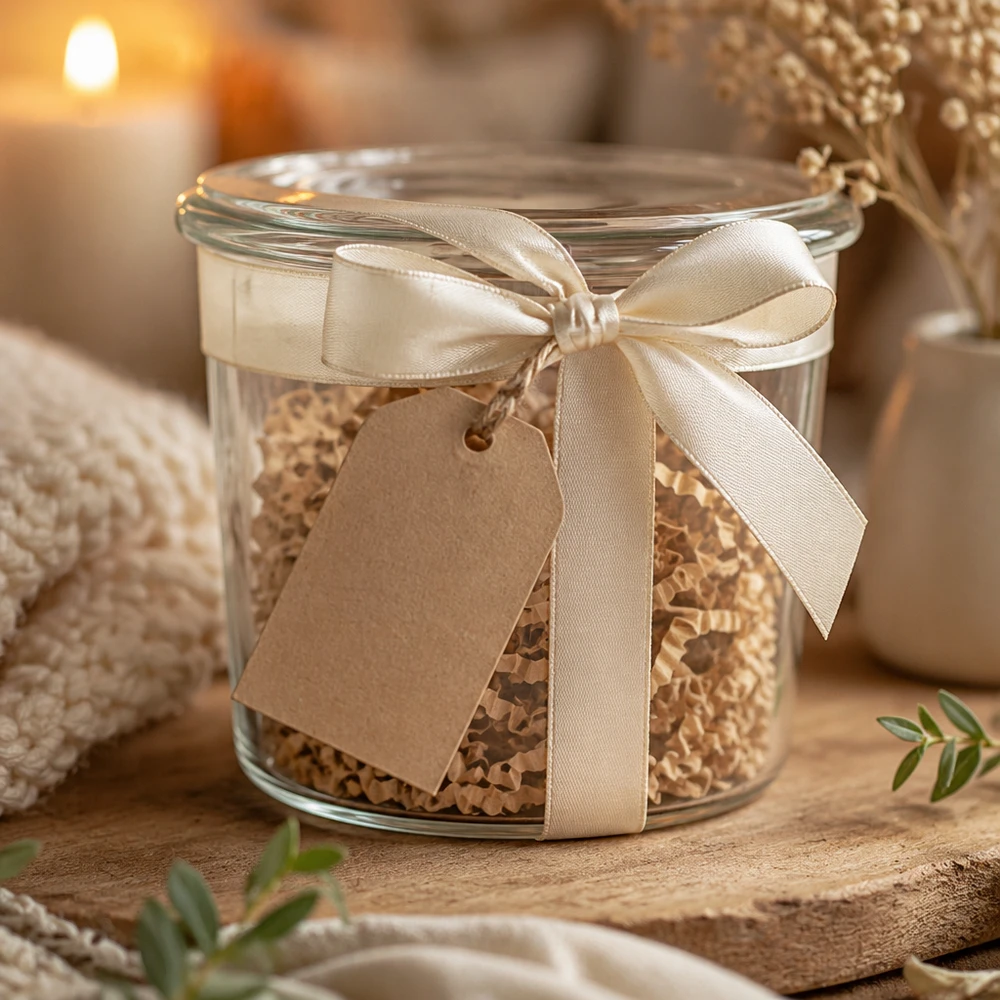 WECK Sturzglas 35ml RR40 mit Schleifenband und Anhänger für professionelle Geschenkverpackung im Fachhandel