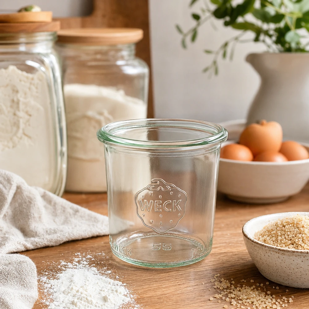 140ml WECK Sturzglas RR60 Einmachglas mit Logo auf Holztisch in moderner Küche mit Vorratsgläsern und Zutaten