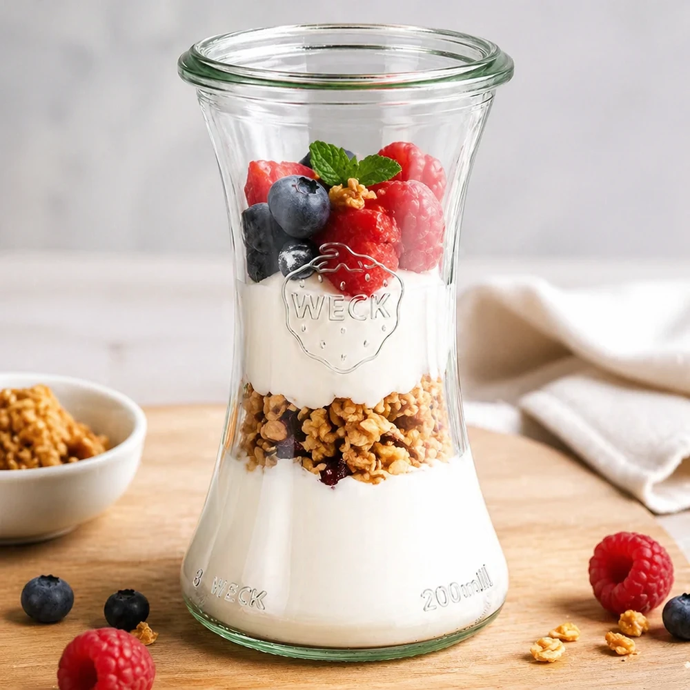 WECK RR60 Delikatessenglas 200ml gefüllt mit Joghurt Granola und Beeren als Parfait auf Holztisch mit Dekoration