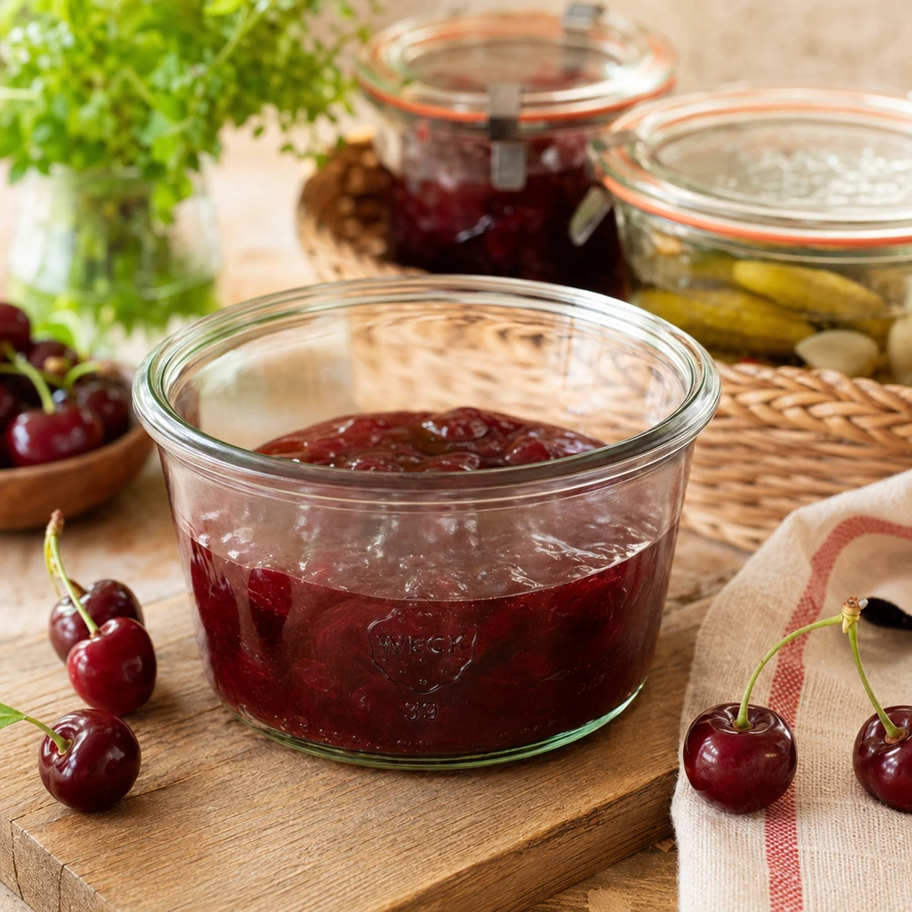 WECK RR80 Gourmetglas 165ml mit Kirschmarmelade gefüllt auf Holzbrett neben frischen Kirschen und Einmachgläsern