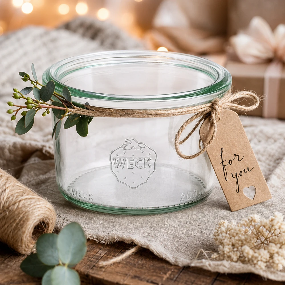 WECK Sturzglas 200ml RR80 mit Deckel, dekoriert mit Eukalyptus und Geschenkanhänger auf rustikalem Holztisch