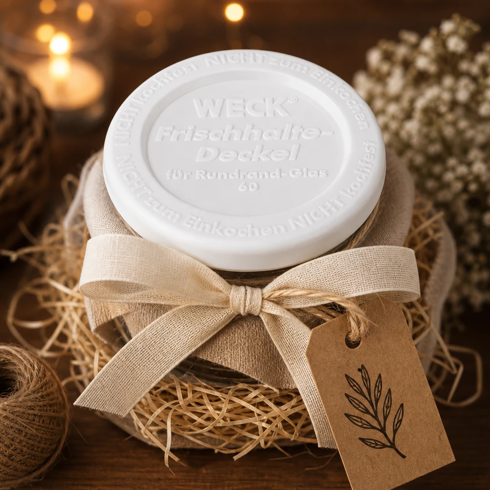 WECK Frischhaltedeckel RR60 WECK Frischhaltedeckel RR60 Geschenkverpackung rustikale Dekoration Leinenschleife Kraftpapier-Anhänger Weihnachten