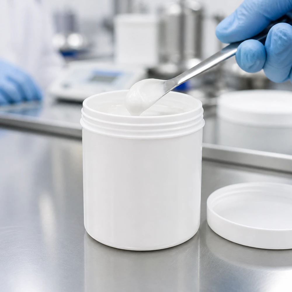 Salbenkruke 50g weiß mit weißem Schraubdeckel (Polypropylen) Weiße PP-Salbenkruke 50g mit Schraubdeckel für pharmazeutische und kosmetische Anwendungen im Fachhandel