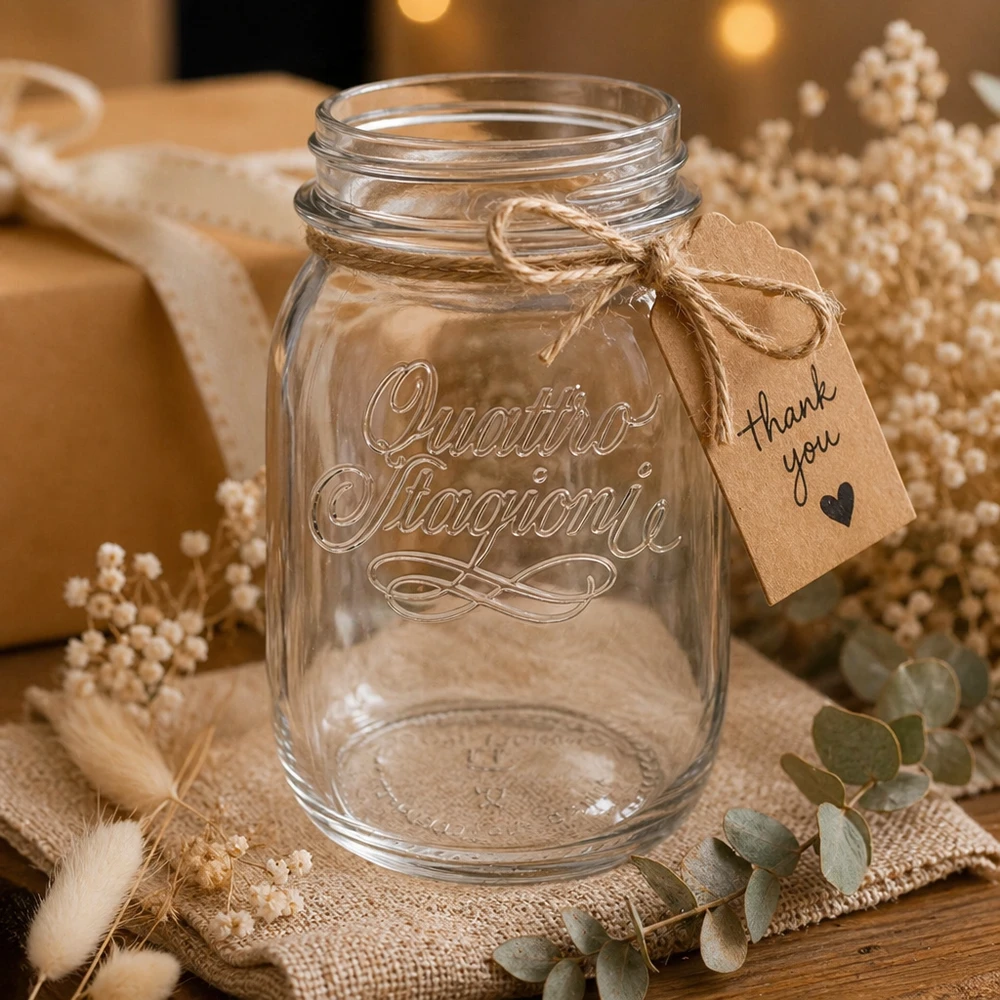 500ml Rundglas "Quattro Stagioni" QS70mm 500ml Quattro Stagioni Haushaltsglas mit Dankeschön Anhänger auf rustikalem Holztisch mit Trockenblumen dekoriert