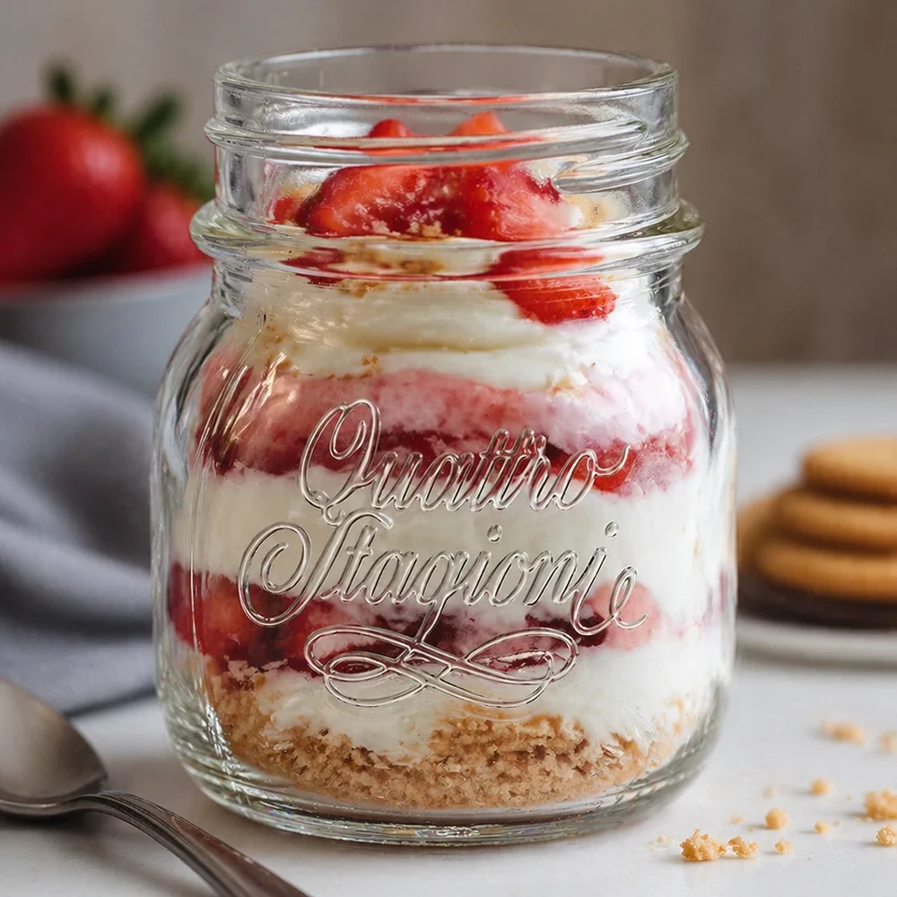 150ml Rundglas "Quattro Stagioni" QS56mm 150ml Quattro Stagioni Haushaltsglas mit Schichtdessert aus Erdbeeren und Creme gefüllt auf weißer Küchenarbeitsfläche