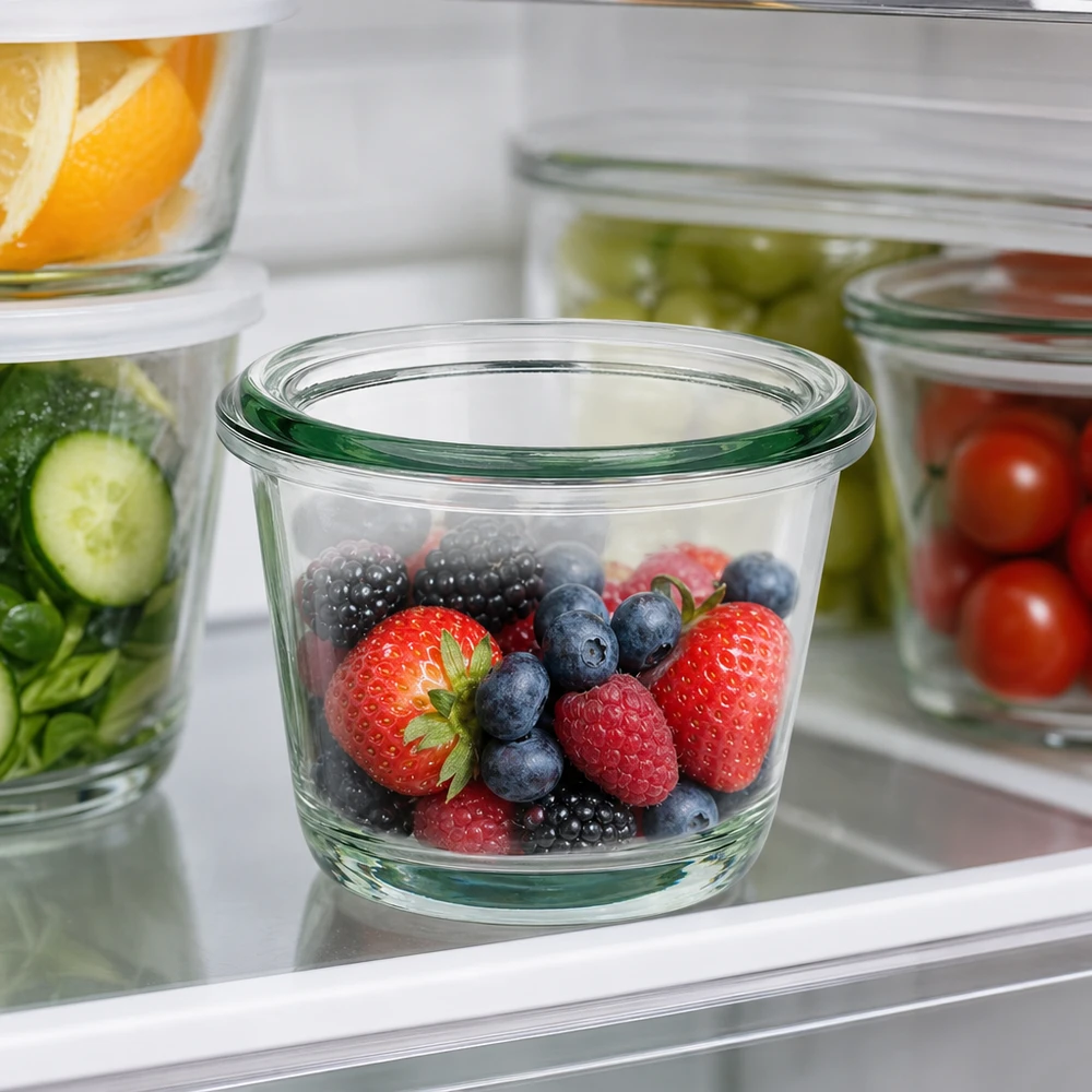 80ml WECK Gourmetglas RR60 mit frischen Beeren im Kühlschrank neben anderen Glasbehältern zur Lebensmittelaufbewahrung