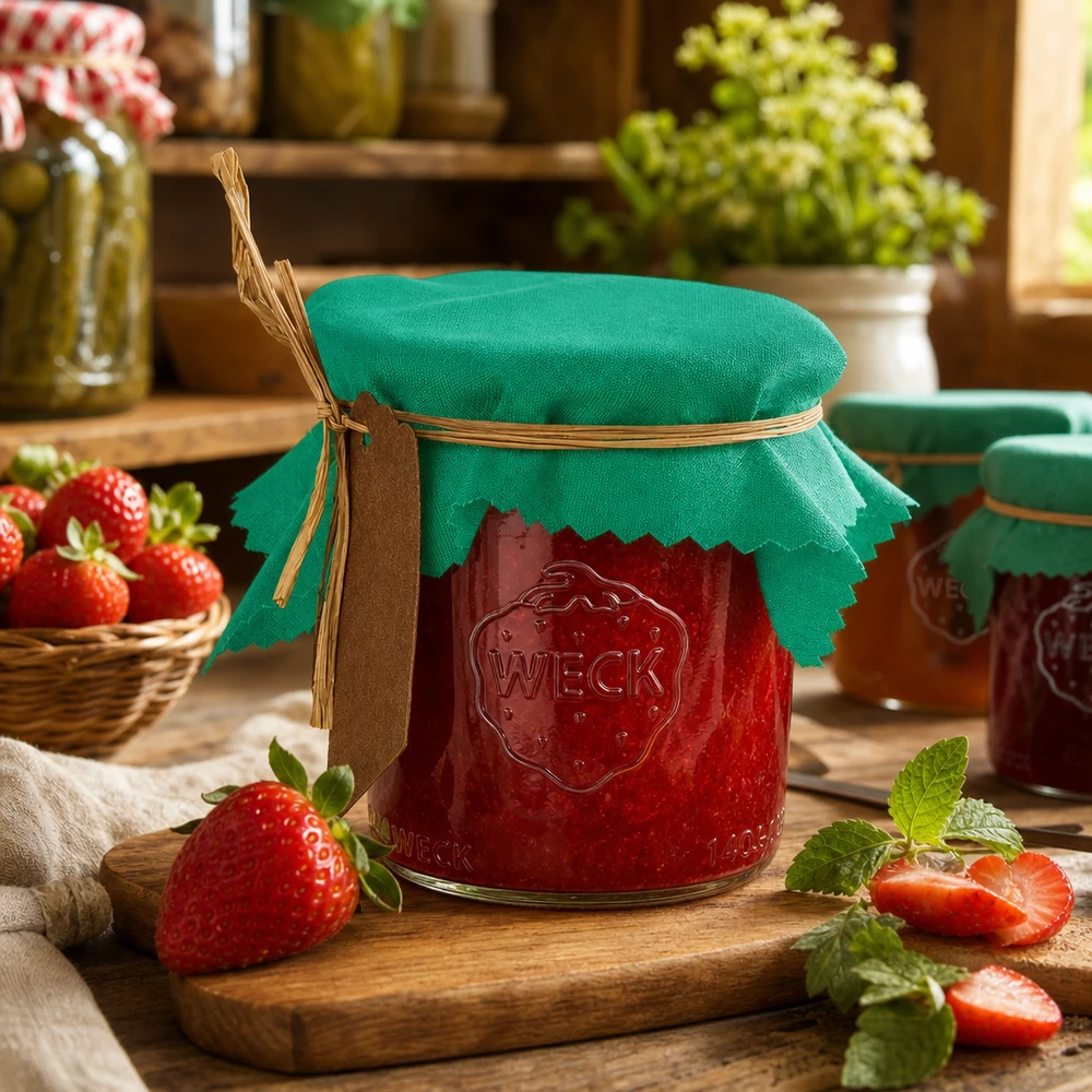 Grünes Schmuckdeckchen 12cm eckig auf Erdbeermarmelade Weckglas mit Bastschnur und Etikett in rustikaler Küche