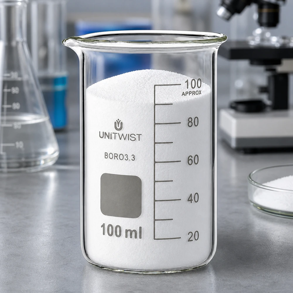 Becherglas 100ml Borosilikat hohe Form UNITWIST mit weißem Pulver im Labor