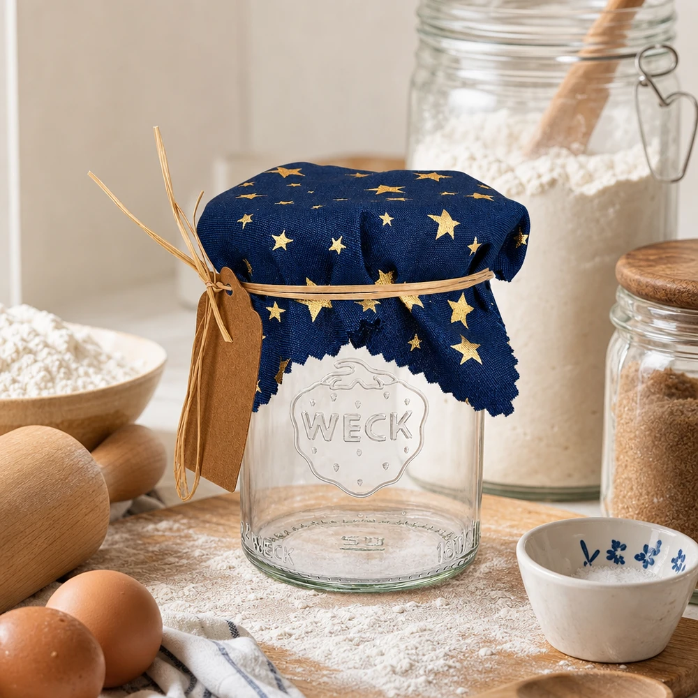 Stoff Schmuckdeckchen blau "Sterne" 12cm eckig Blaues Sternen-Stoffdeckchen 12cm auf leerem Einmachglas in rustikaler Küche mit Eiern, Mehl und Backzutaten