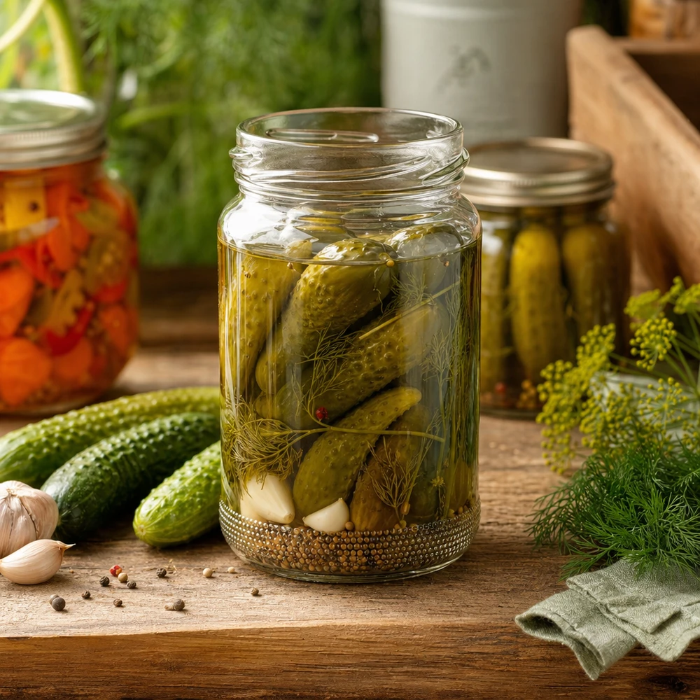 Eingelegte Gurken im UNiTWIST Runda110 Rundglas 110ml TO48 mit Dill und Gewürzen auf Holztisch