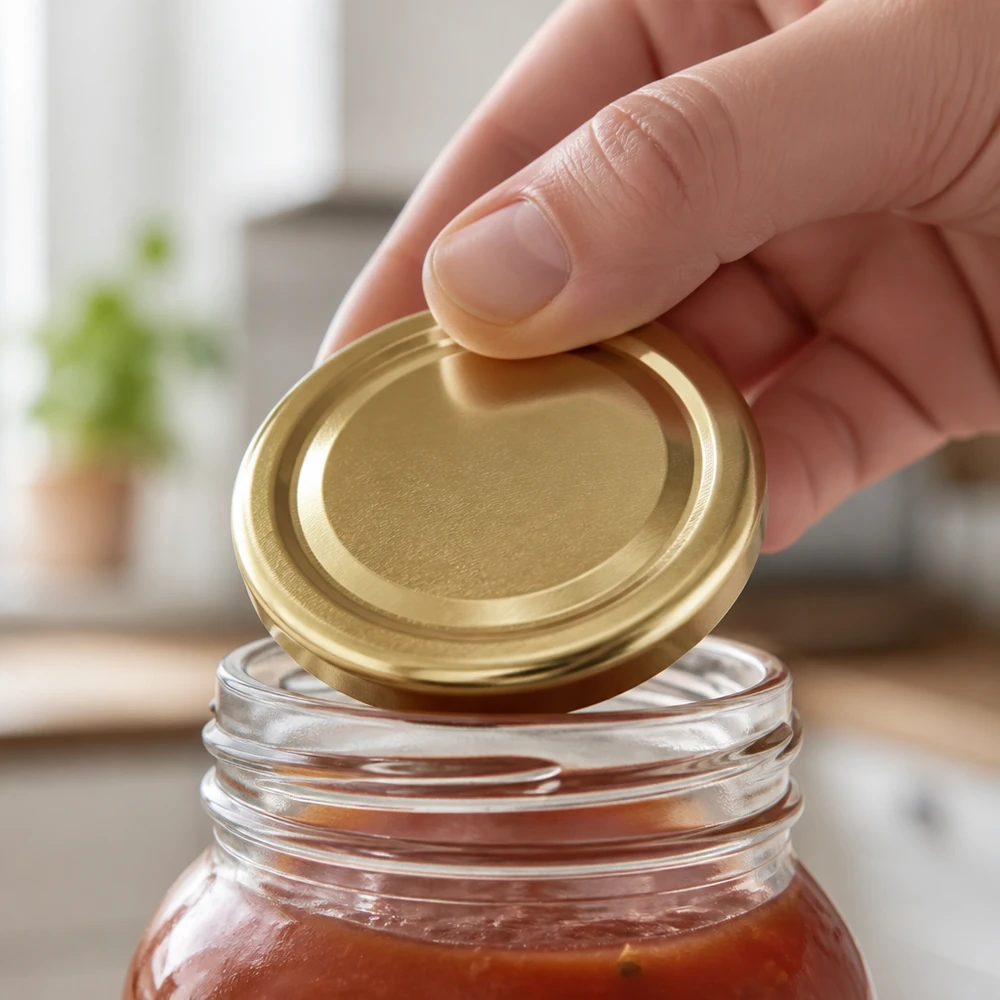 Hand setzt 48mm BasicSeal TO48 Twist-Off-Deckel gold auf Einmachglas mit Tomatensauce im Gewerbeeinsatz