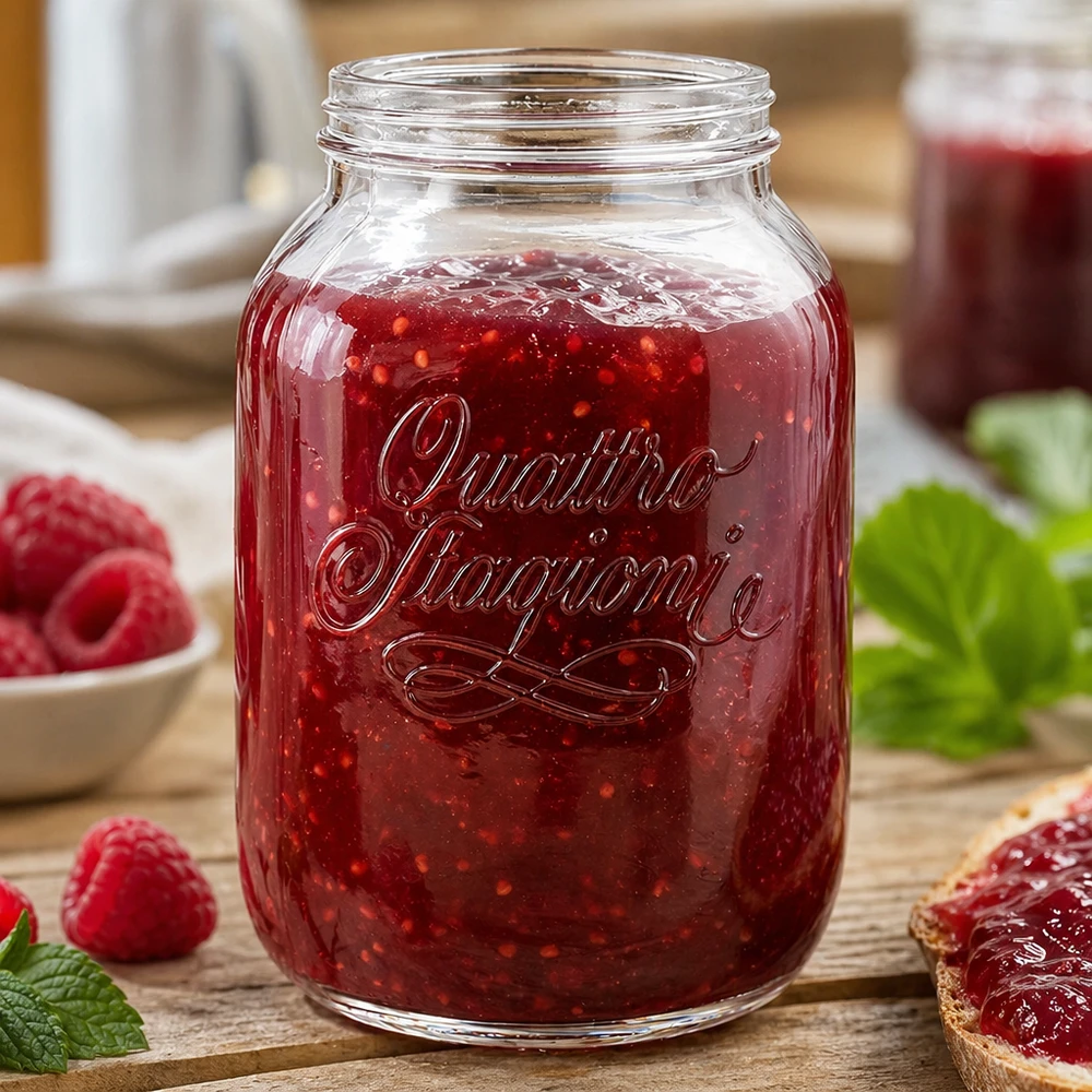 3000ml Rundglas "Quattro Stagioni" QS110mm 3000ml Quattro Stagioni Haushaltsglas gefüllt mit roter Marmelade neben frischen Erdbeeren auf Holztisch