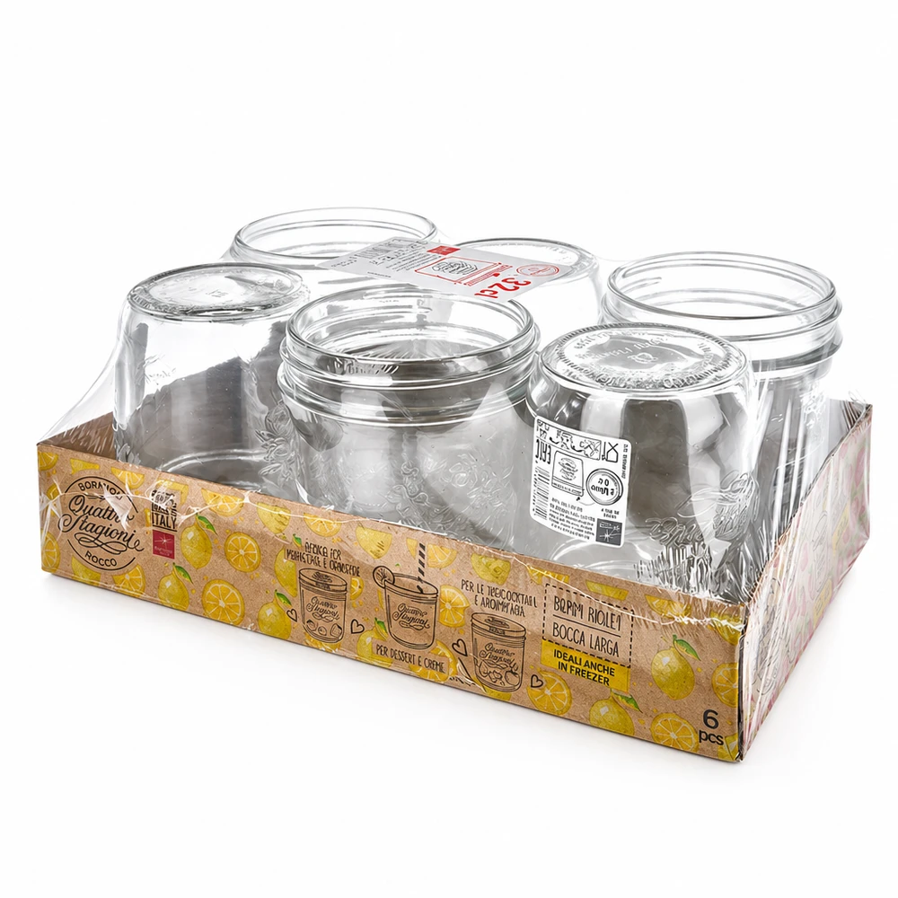6er Set Quattro Stagioni Sturzgläser 320ml mit Schraubdeckel in Verkaufsverpackung für Einmachen und Konservieren