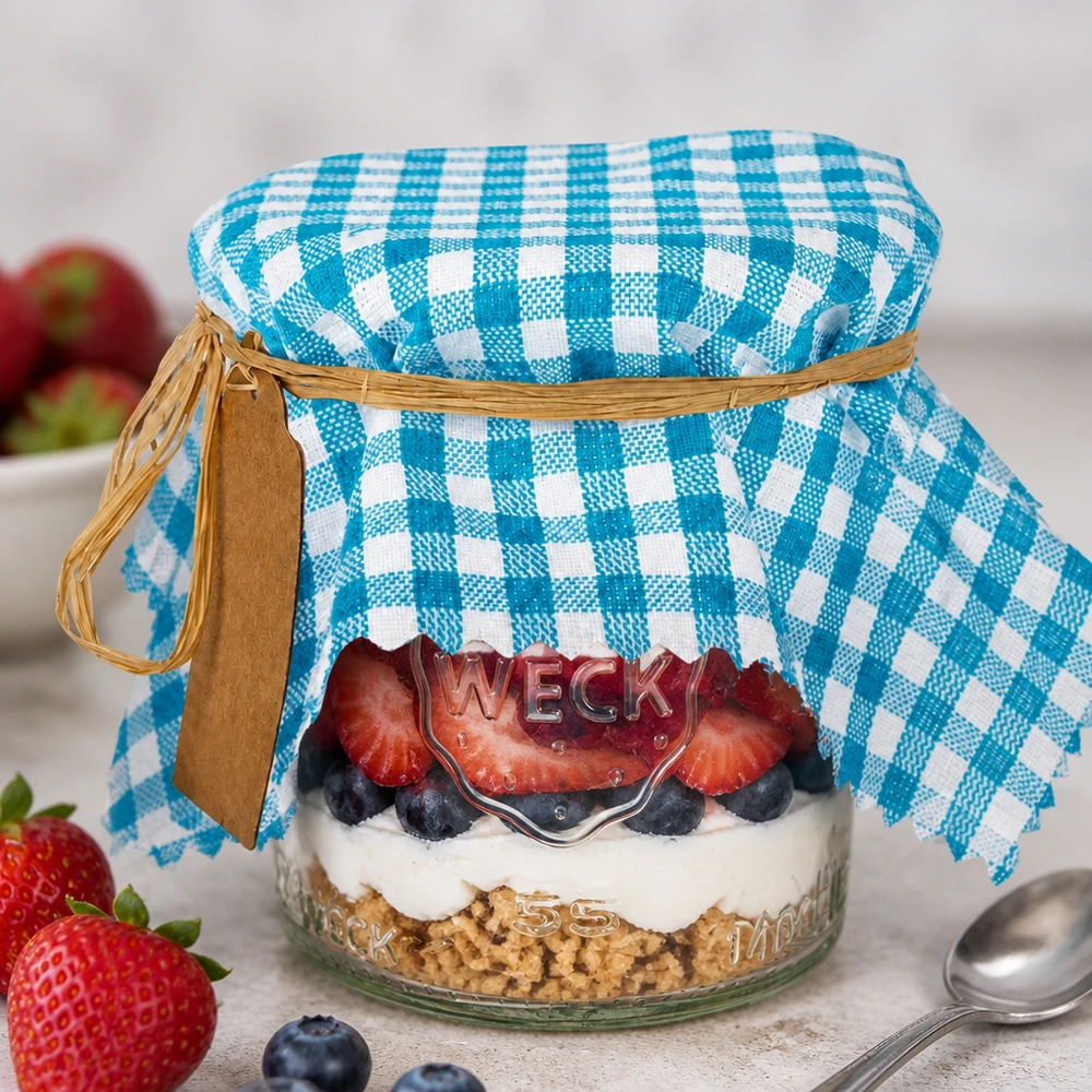 Türkis-kariertes Stoff Schmuckdeckchen 15cm auf Dessertglas mit Beeren und Joghurt für Gastronomie-Präsentation
