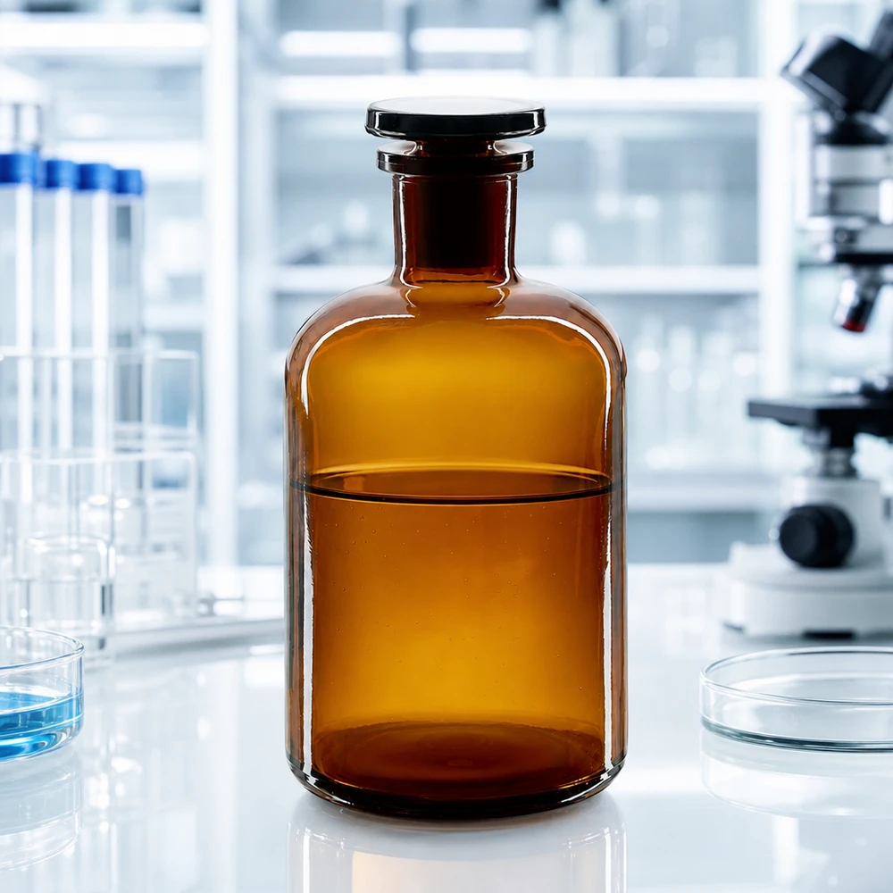 Braune Enghals-Rundschulterflasche 500ml mit Glasstopfen für Labor und Fachhandel