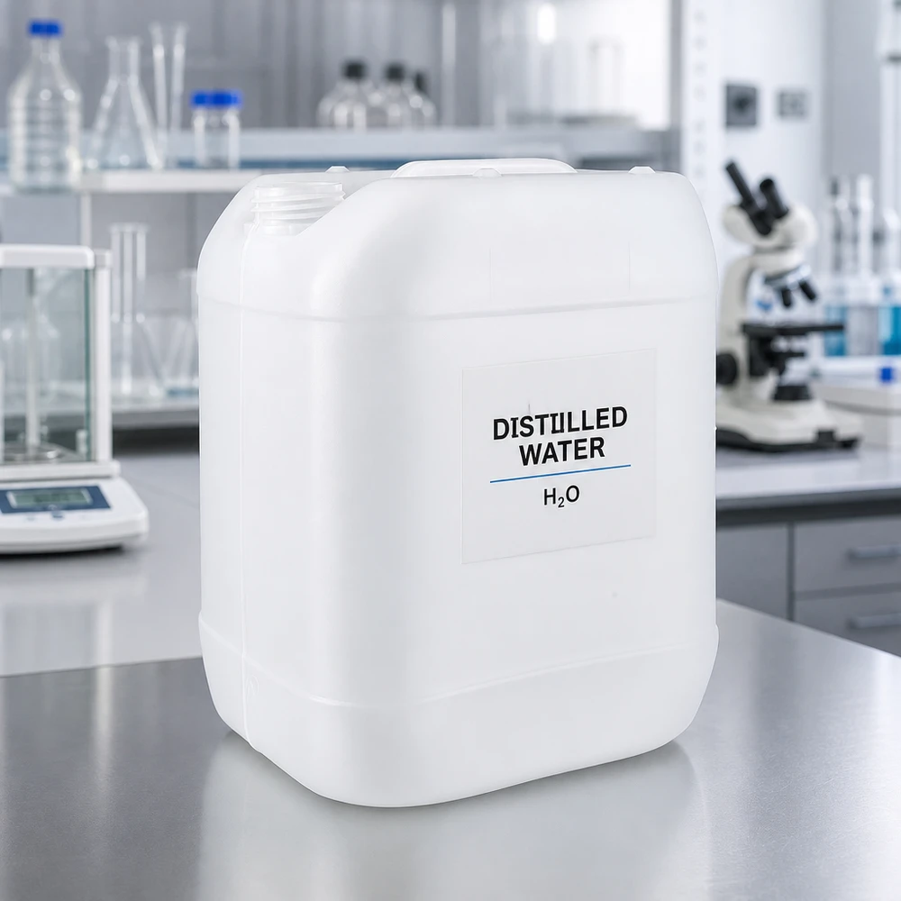 Kanister 20 Liter ohne Verschluss Weißer 20-Liter-Kunststoffkanister für destilliertes Wasser im professionellen Laboreinsatz