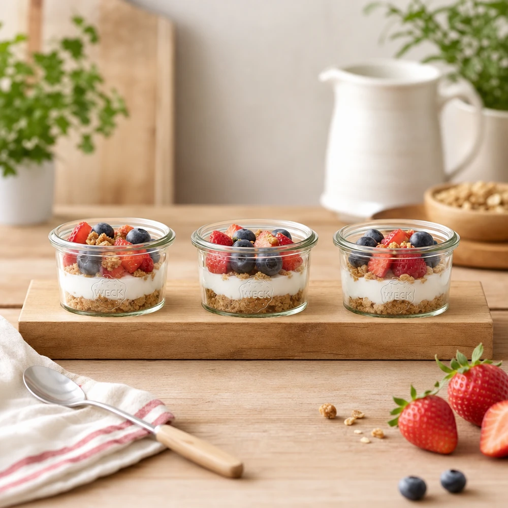 Holz-Servierbrett Plano3 mit Weck Sturzgläsern 80ml als Joghurt-Parfait mit Beeren und Granola in heller Küche