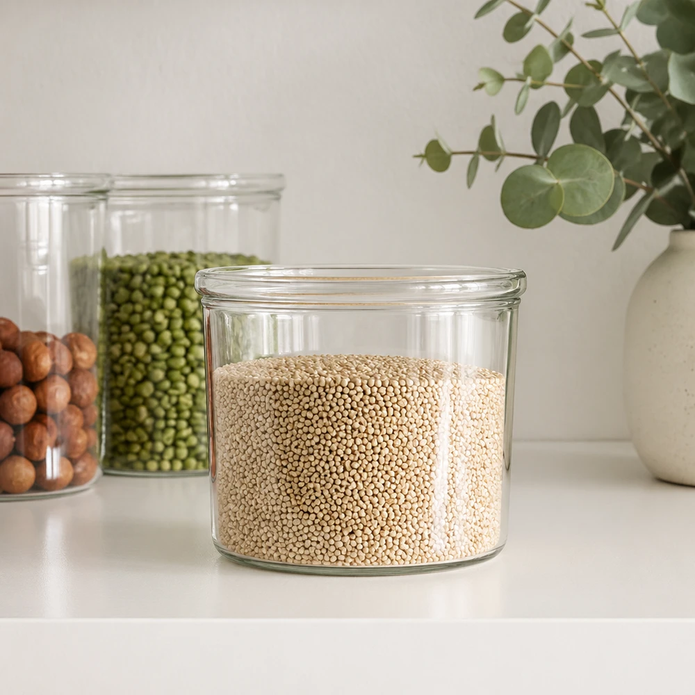 WECK Sturzglas 35ml RR40 mit Quinoa gefüllt neben anderen Vorratsgläsern mit Hülsenfrüchten in moderner Küche