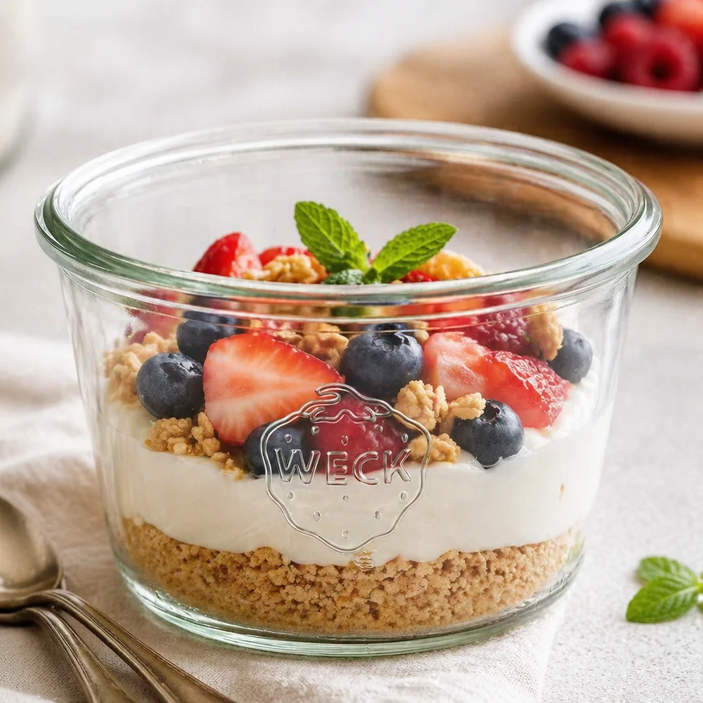 WECK Sturzglas 370ml RR100 mit Joghurt Beeren Müsli gefüllt auf weißem Holztisch