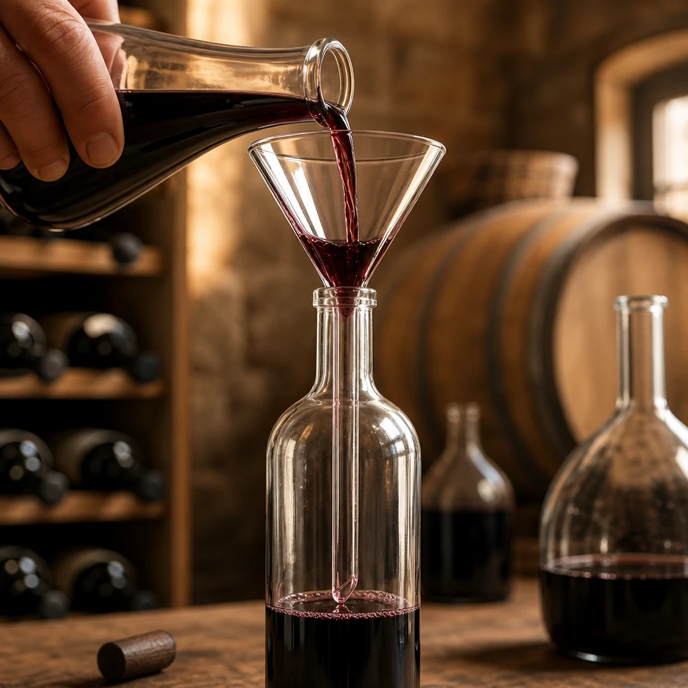 Glastrichter 55mm Kalk-Soda mit 60° Winkel und Kurzstiel beim professionellen Dekantieren von Rotwein im Weinkeller