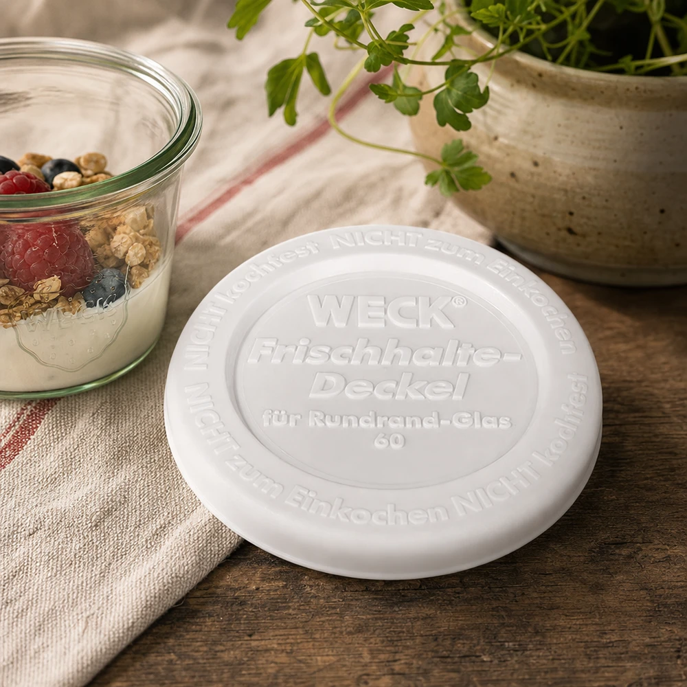 WECK Frischhaltedeckel RR60 WECK Frischhaltedeckel RR60 weißer Kunststoffdeckel auf Holztisch neben Joghurt mit Beeren natürliche Küchendeko