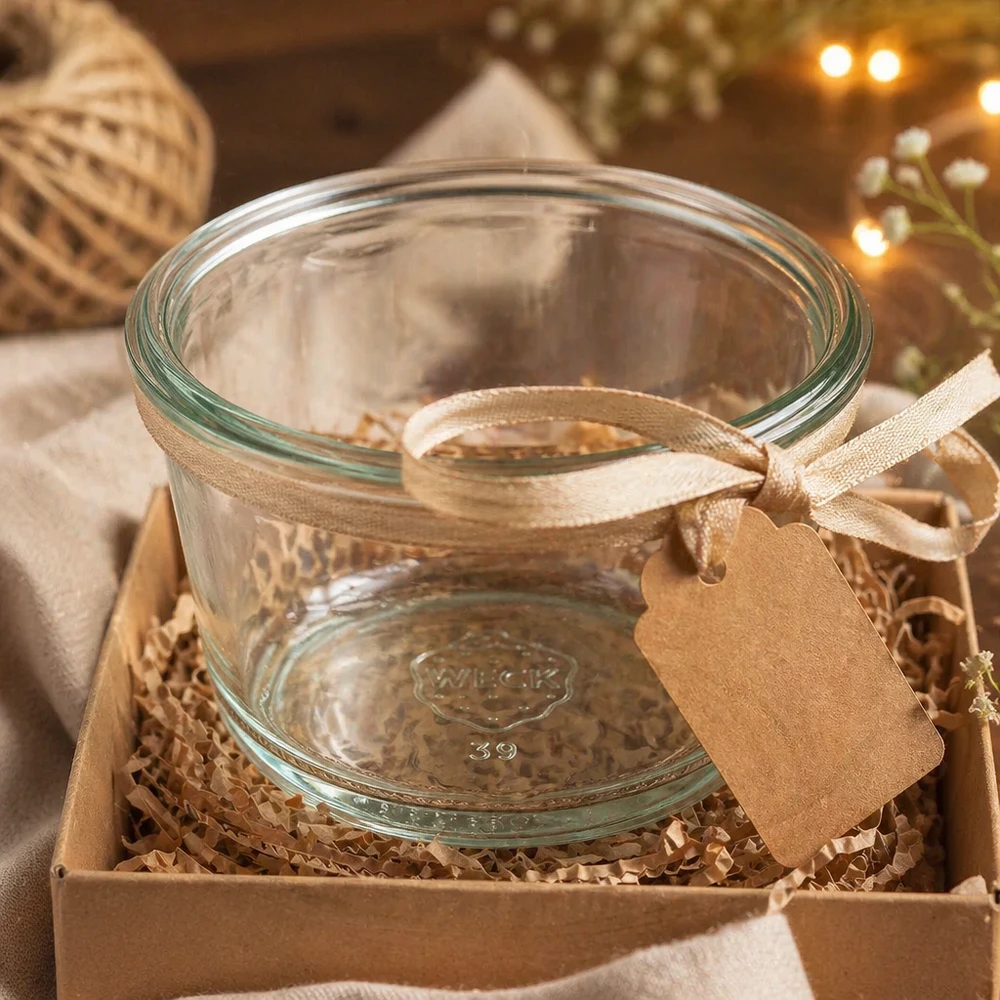 WECK Gourmetglas RR80 165ml als Geschenk verpackt in Holzbox mit Schleife und Anhänger für Präsentation