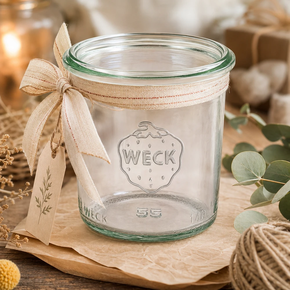 140ml WECK Sturzglas RR60 mit Schleifenband auf Holzbrett, leeres Einmachglas für Marmelade und Konserven