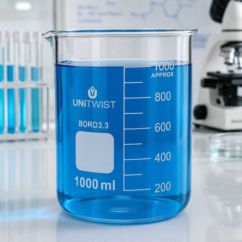 Becherglas 1000ml Borosilikat niedrige Form UNiTWIST für Labor und Gewerbe gefüllt mit blauer Flüssigkeit