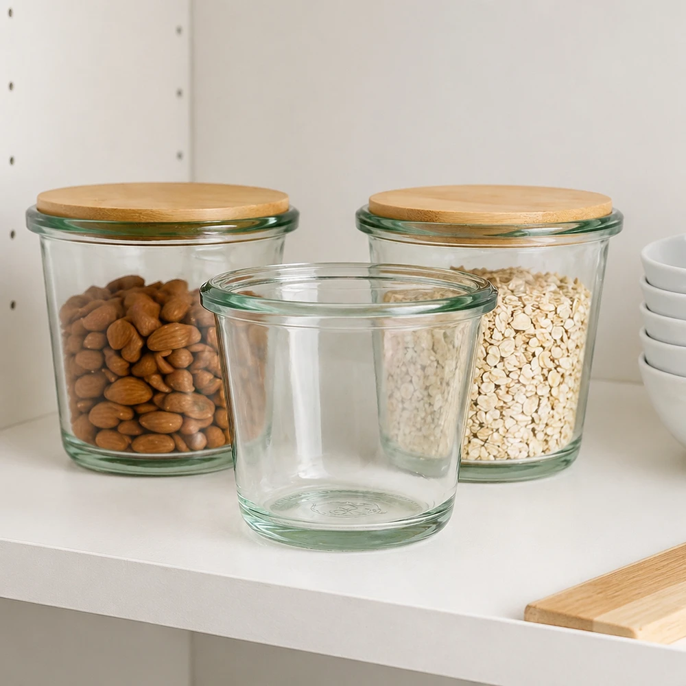 80ml Gourmetglas WECK RR60 80ml WECK Gourmetglas RR60 in moderner Küche als Vorratsglas für Nüsse und Haferflocken mit Bambusdeckel