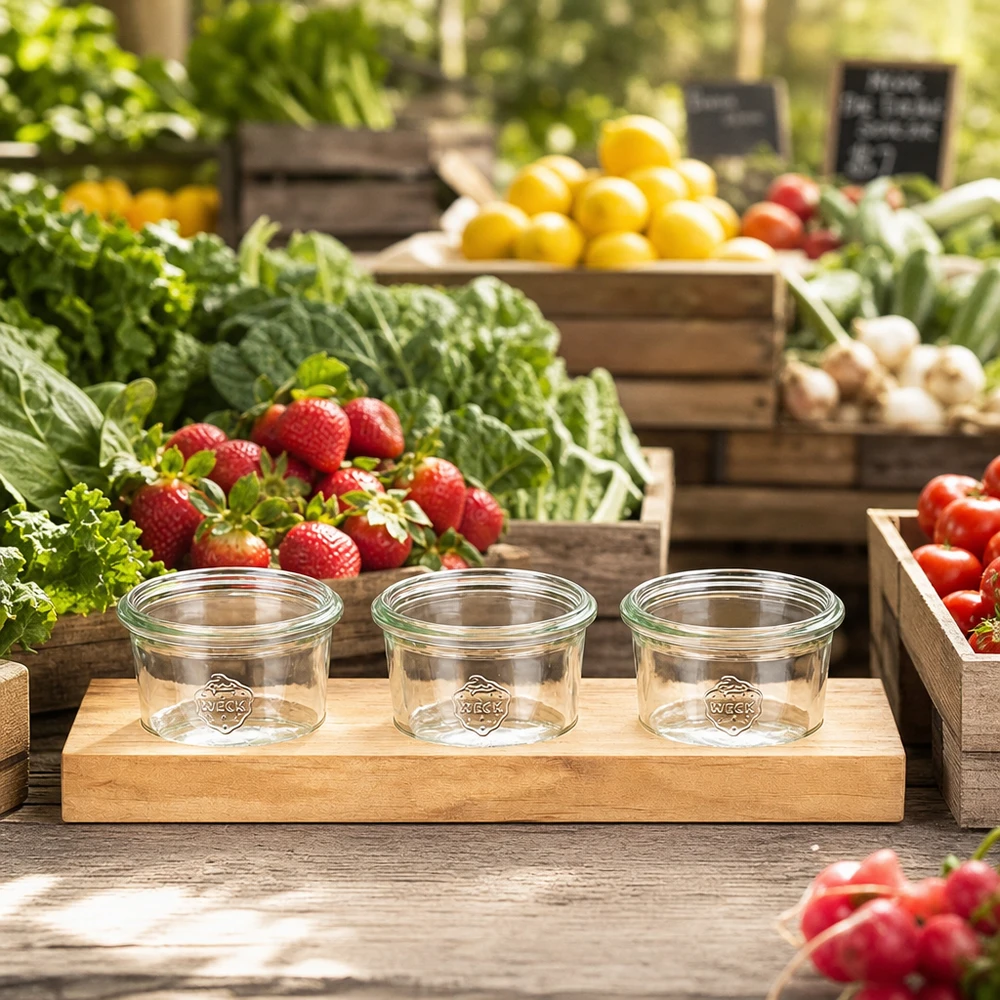 Servierbrett Plano3 mit 3 Weck Sturzgläsern 80ml Servierbrett Plano3 mit leeren Weck Sturzgläsern 80ml auf Marktstand zwischen frischem Obst und Gemüse