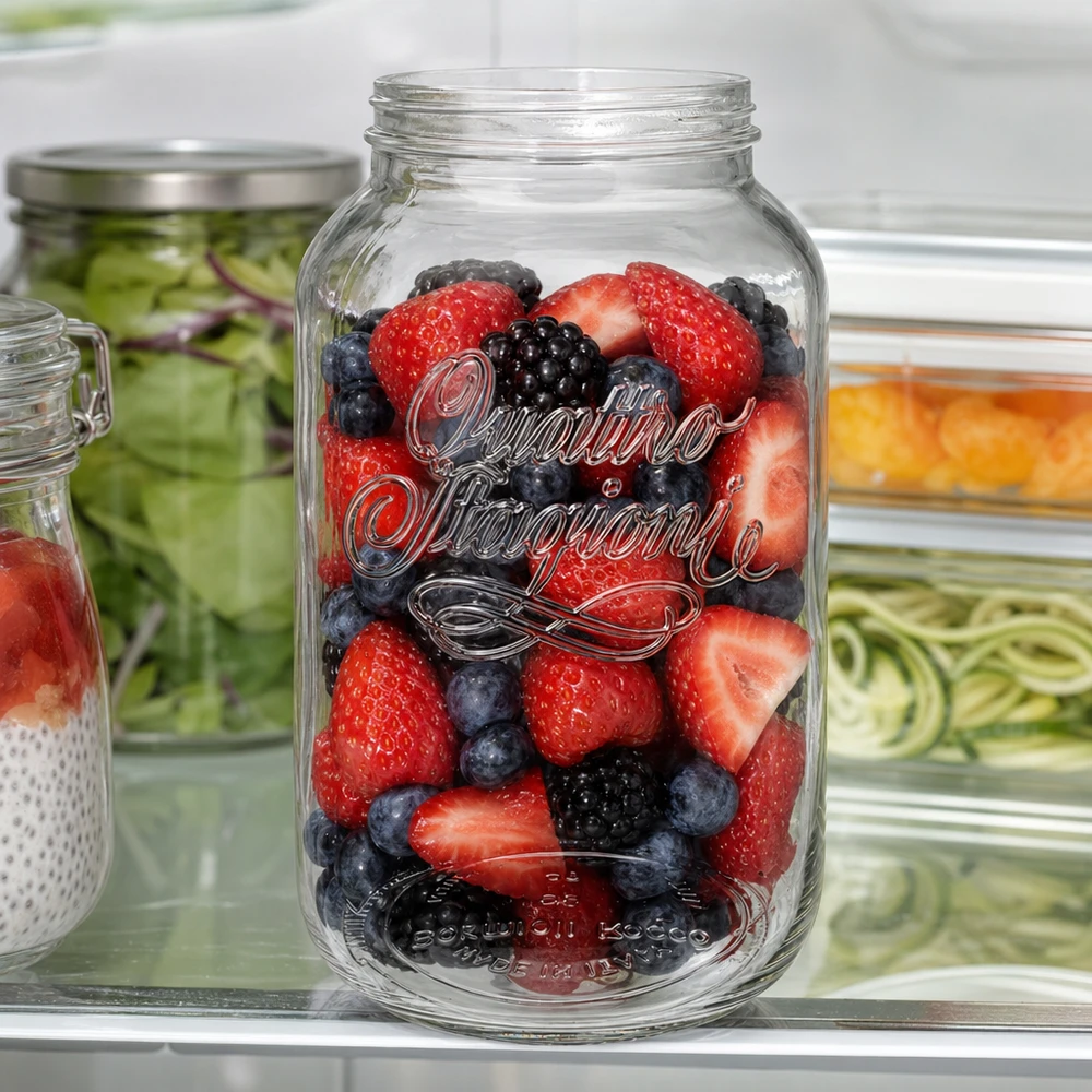 3800ml Rundglas "Quattro Stagioni" QS110mm 3800ml Quattro Stagioni Haushaltsglas mit frischen Beeren gefüllt im Kühlschrank als Vorratsbehälter für Obst