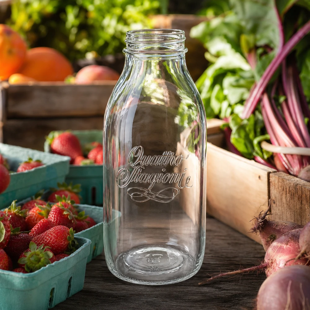 Quattro Stagioni Weithalsflasche 1000ml aus Glas auf Holztisch mit frischen Erdbeeren und Gemüse im Hintergrund