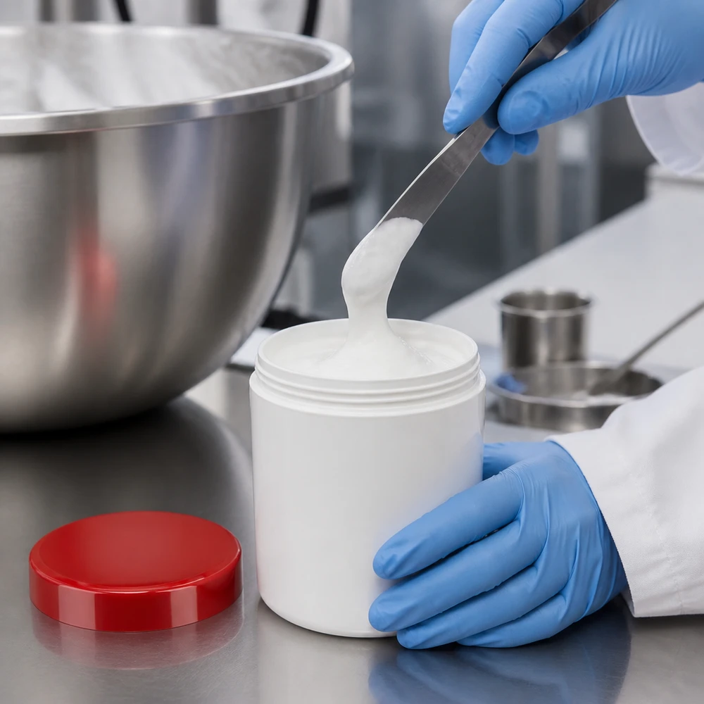 Salbenkruke 100g weiß mit rotem Schraubdeckel (Polypropylen) Weiße PP-Salbenkruke 100ml mit rotem Schraubdeckel für professionelle Kosmetik- und Pharmaanwendungen