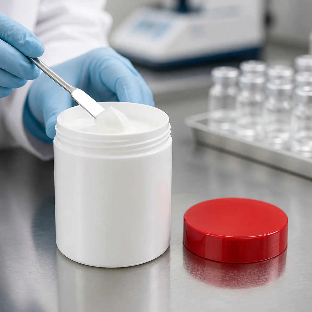 Salbenkruke 75g weiß mit rotem PP-Schraubdeckel für pharmazeutische und kosmetische Anwendungen