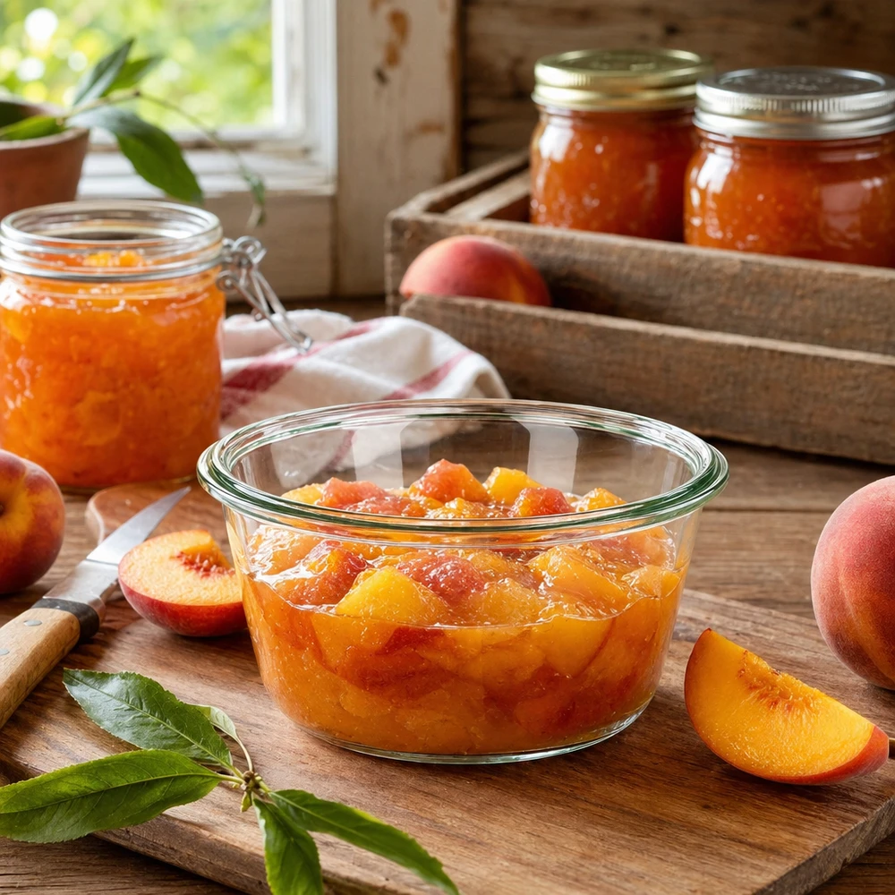 WECK RR100 290ml Gourmetglas mit Pfirsichmarmelade gefüllt auf Holzbrett neben frischen Pfirsichen in rustikaler Küche