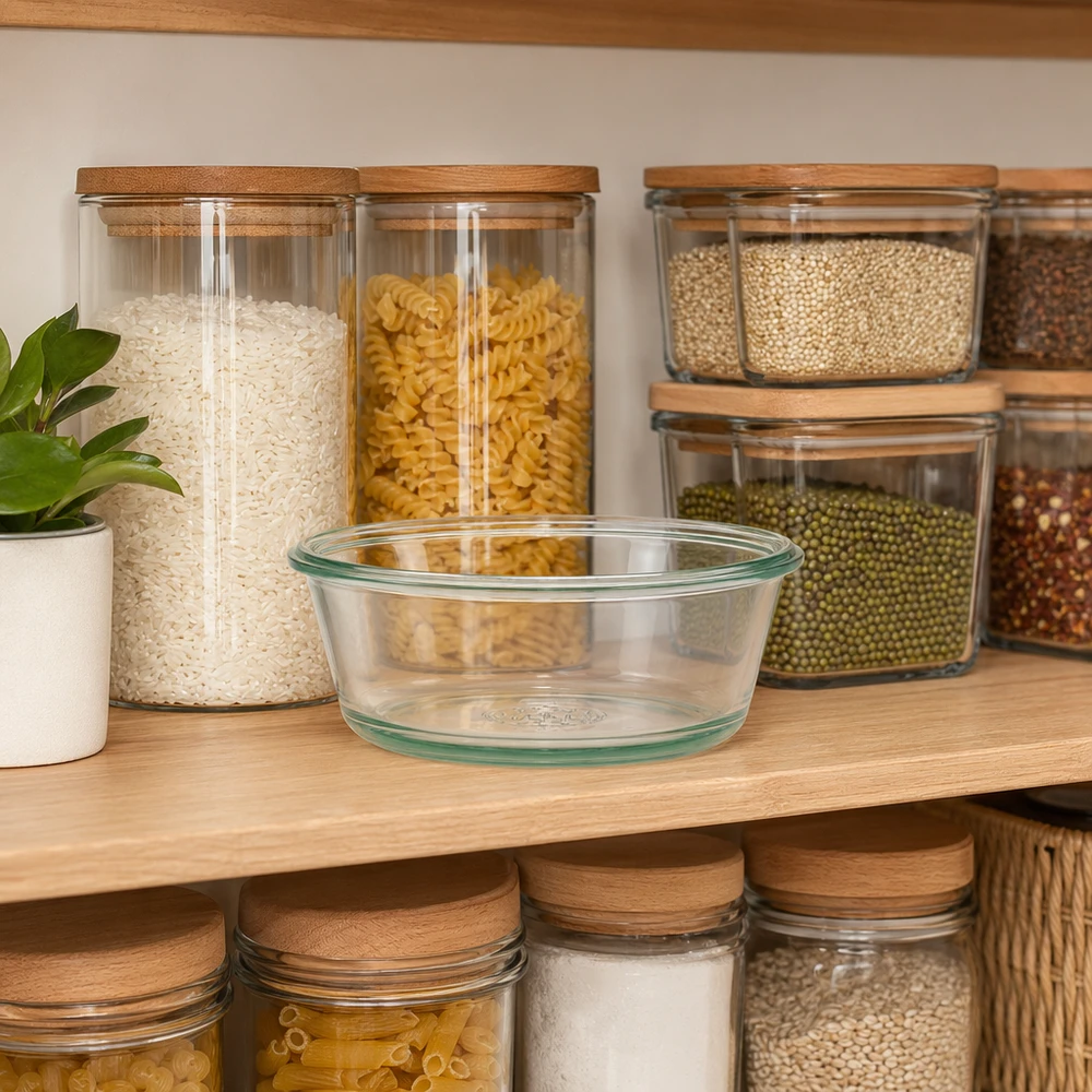 300ml Gourmetglas WECK RR120 WECK Gourmetglas 300ml RR120 in organisierter Vorratsschrank-Szene mit Vorratsgläsern und Gewürzen zeigt praktische Aufb