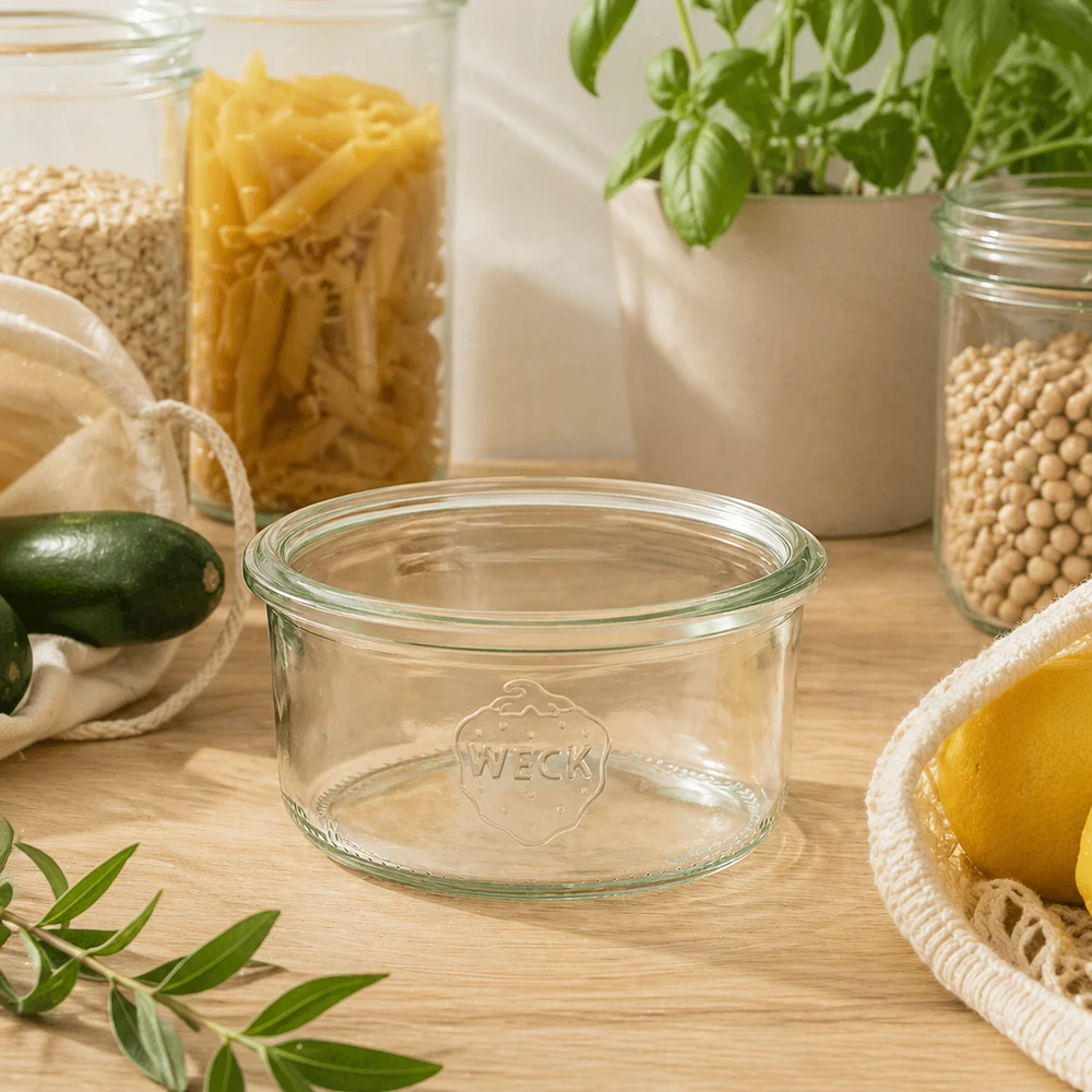 165ml WECK Sturzglas RR80 aus klarem Glas auf Holztisch mit nachhaltigen Küchenutensilien und Vorratsgläsern