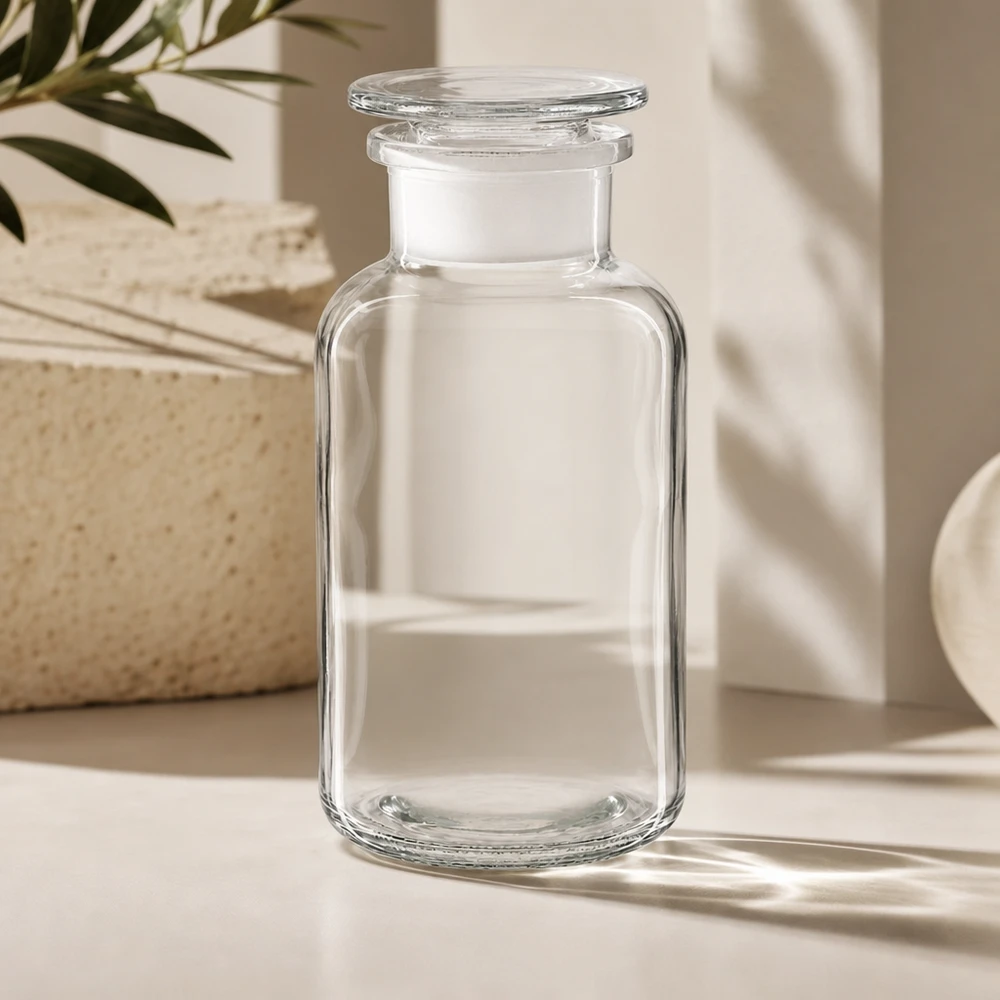 Klare Weithals-Rundschulterflasche 500ml aus Glas mit Glasstopfen für professionellen Laboreinsatz